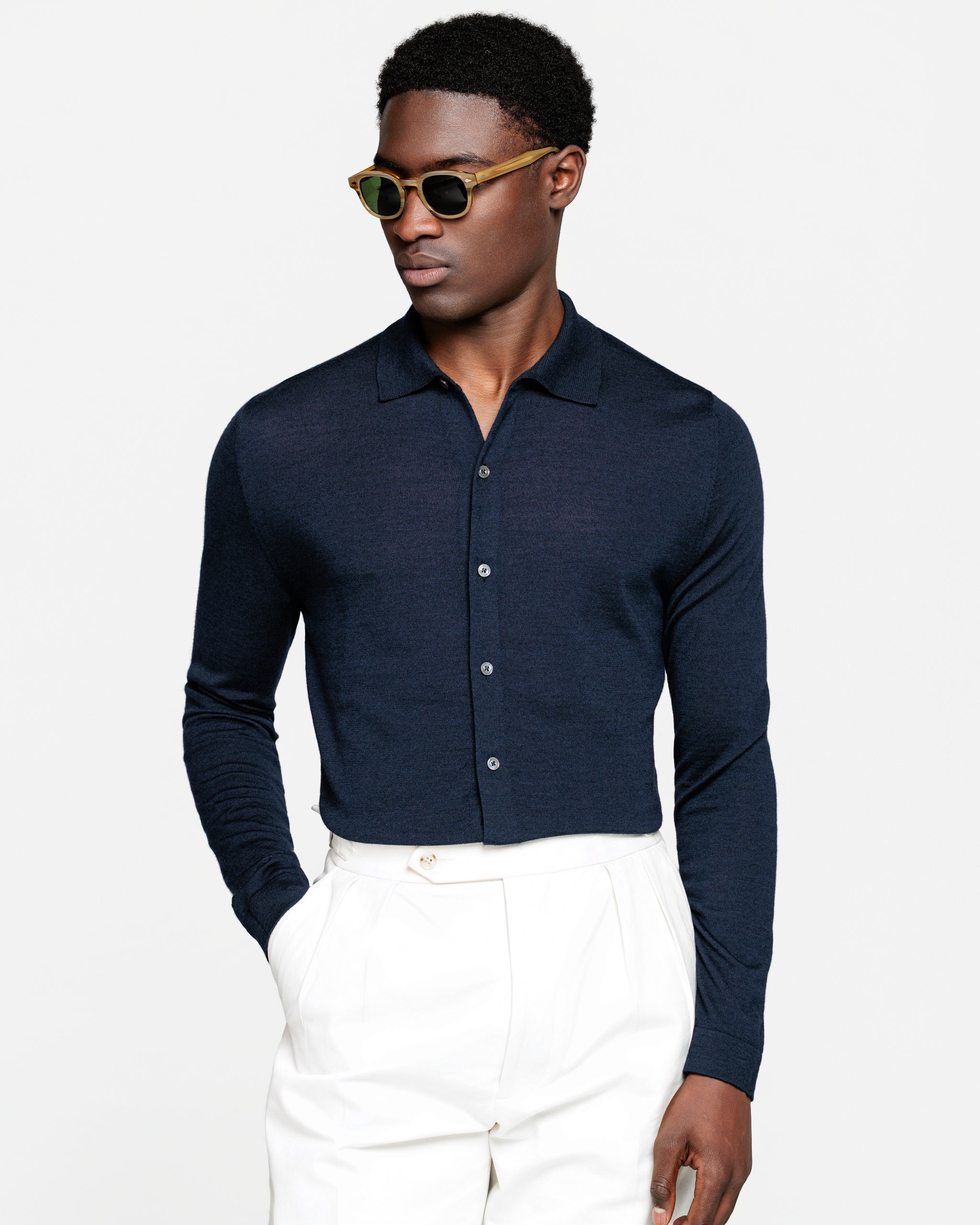 Camicia manica lunga tinta unita Blu Navy Lana Seta | Filatori