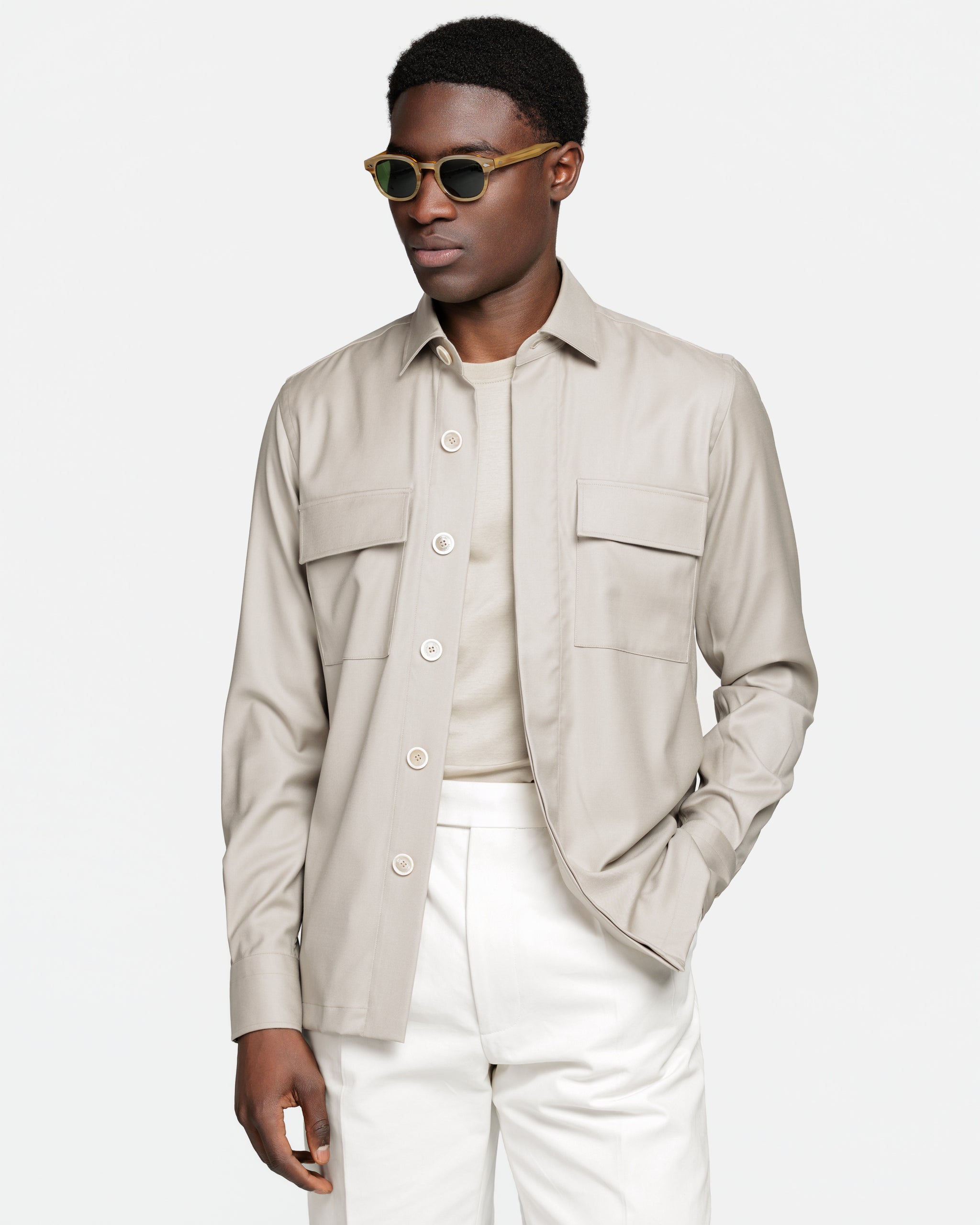 Overshirt in Beige Saxon Super 150's Summer Wool | Filatori
