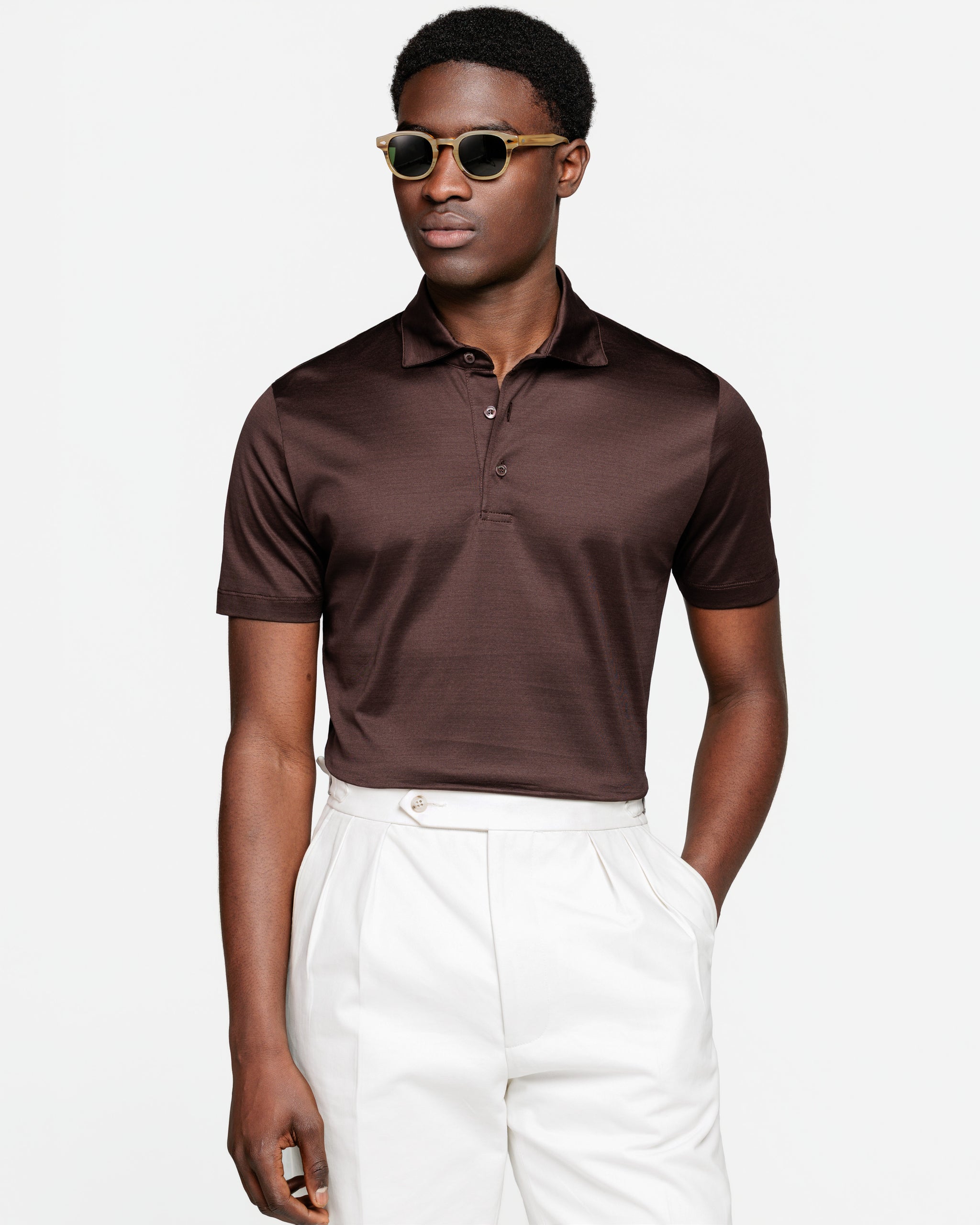 Brown Short Sleeve Classic Three-Button Polo 100% Egyptian Cotton | Filatori