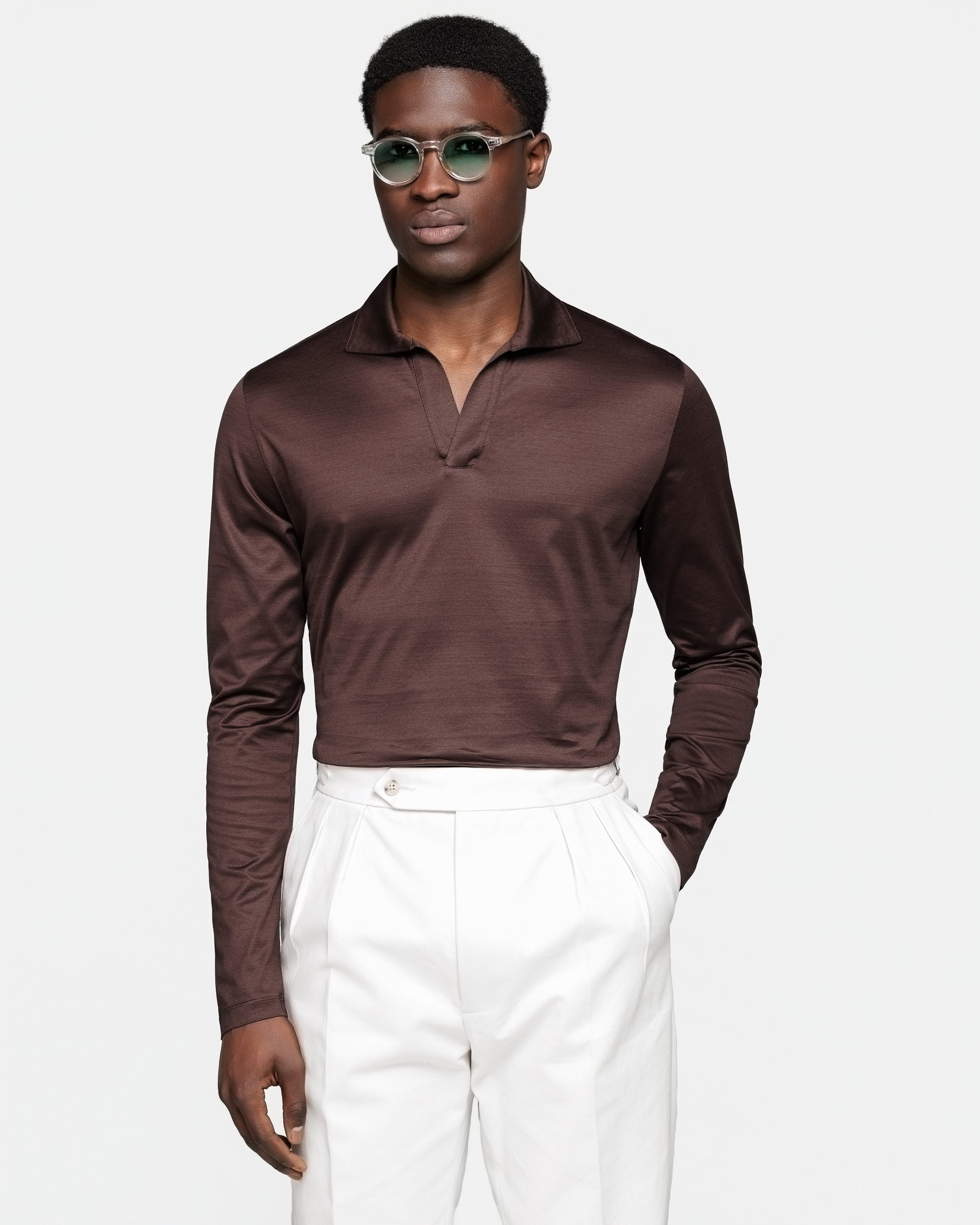 Brown Long Sleeve Buttonless Polo 100% Egyptian Cotton | Filatori