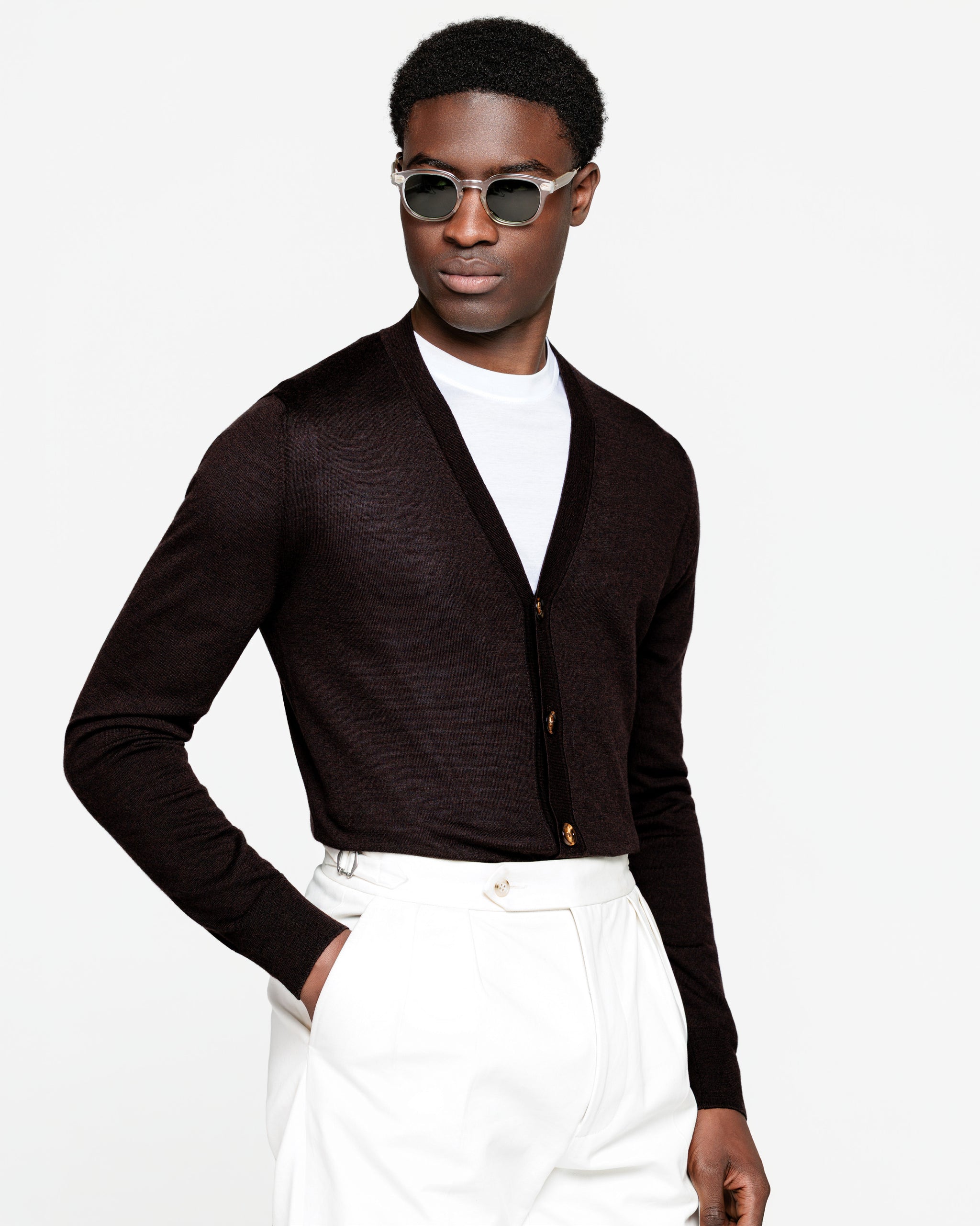 Cardigan manica lunga con Bottoni tinta unita Marrone Lana Seta | Filatori