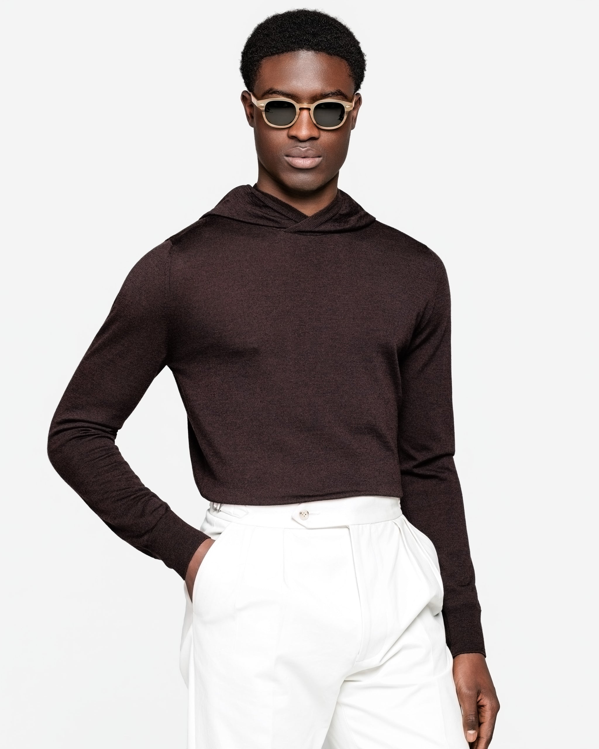 Maglia manica lunga con Cappuccio tinta unita Marrone Lana Seta | Filatori
