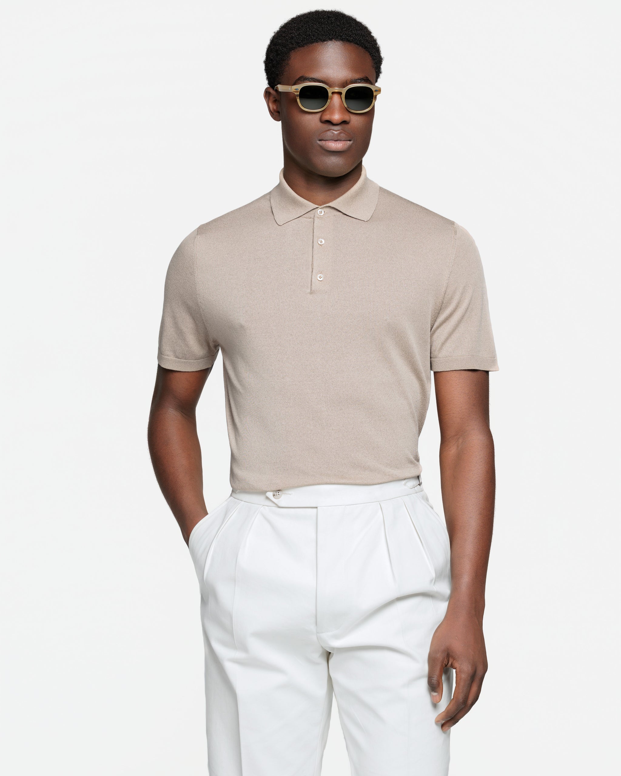 Maglia mezza manica Polo tinta unita mandorla Cotone biologico e Seta Mulberry | Filatori