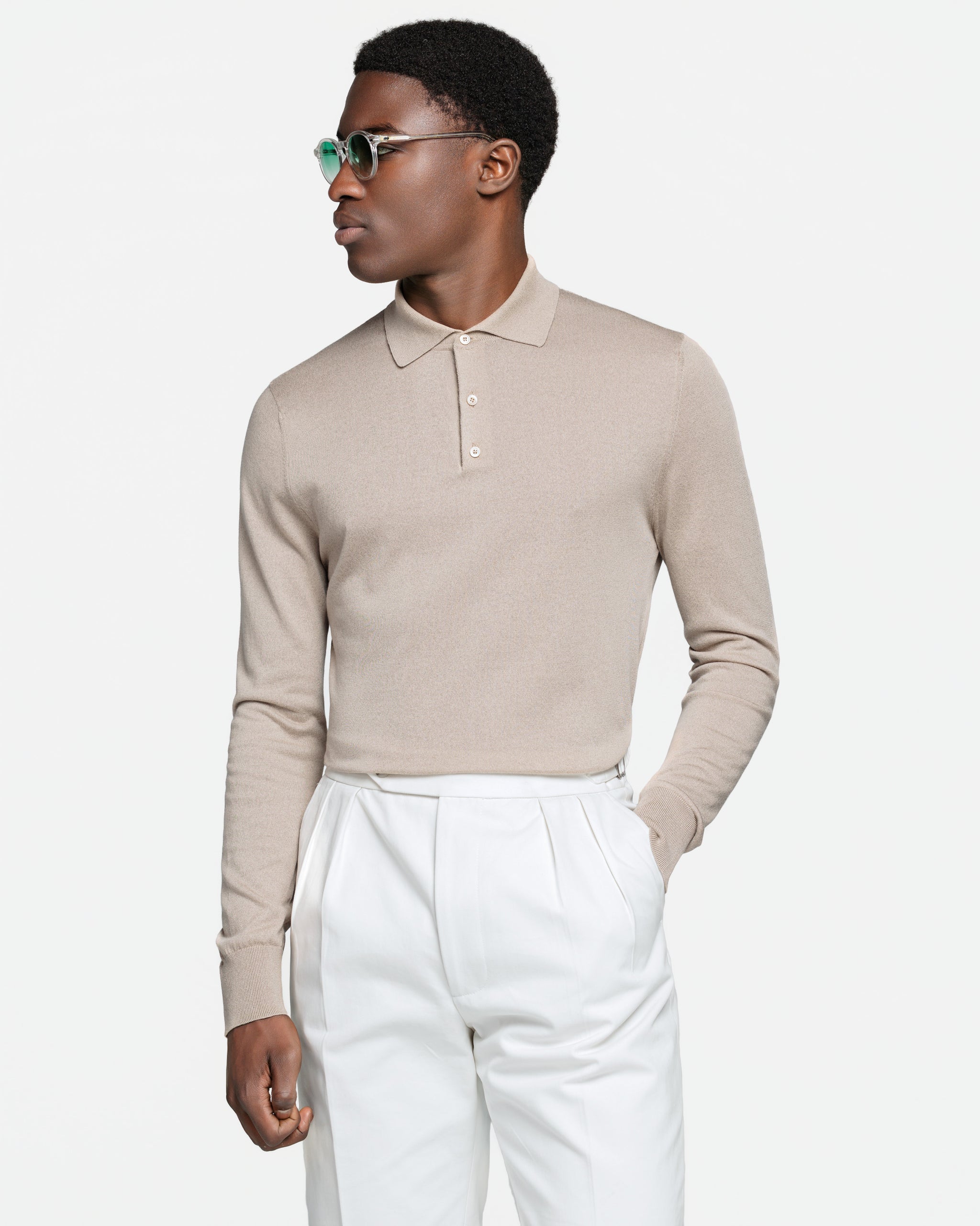 Maglia manica lunga Polo tinta unita mandorla Cotone biologico e Seta Mulberry | Filatori
