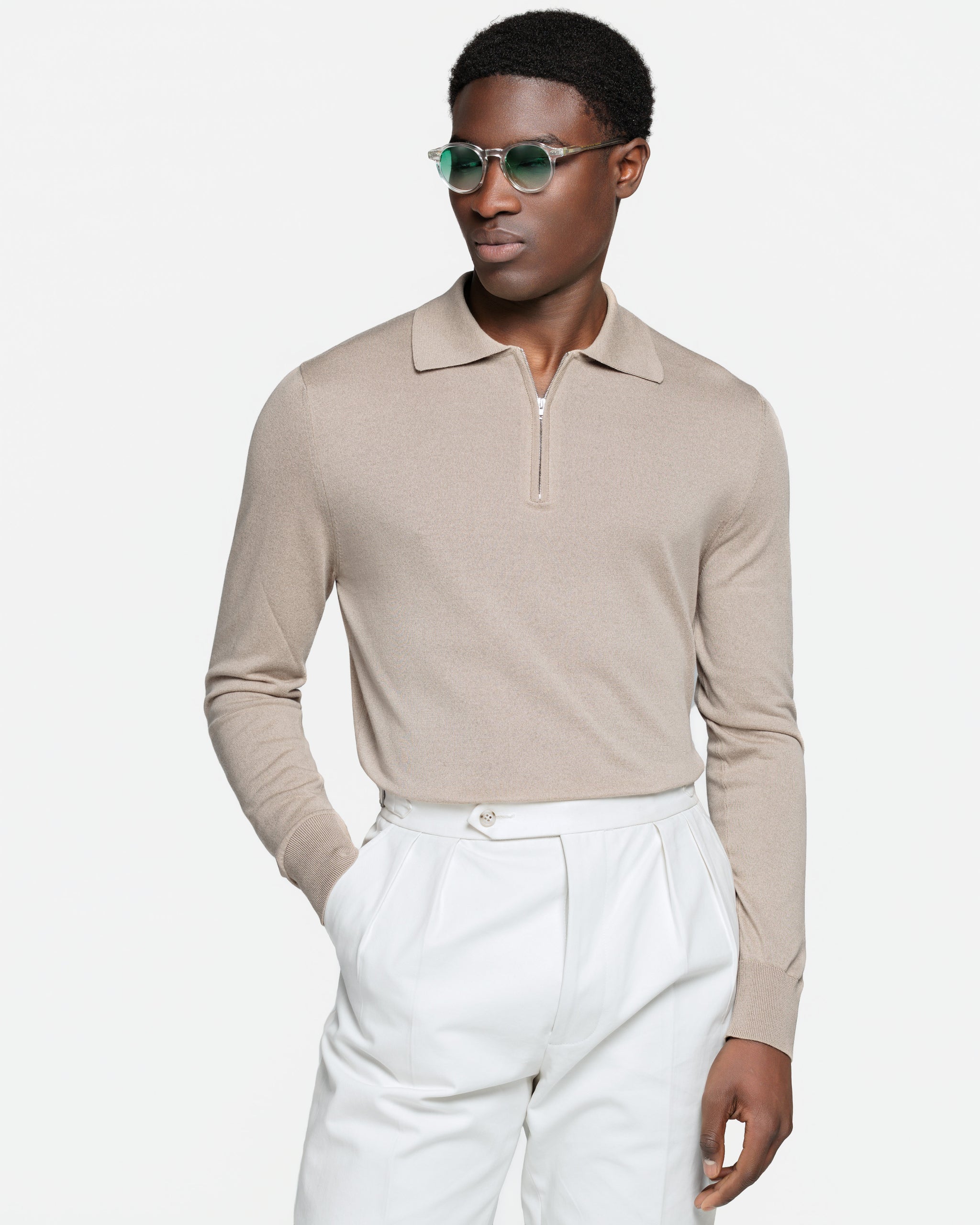 Maglia manica lunga Polo Zip tinta unita mandorla Cotone biologico e Seta Mulberry | Filatori