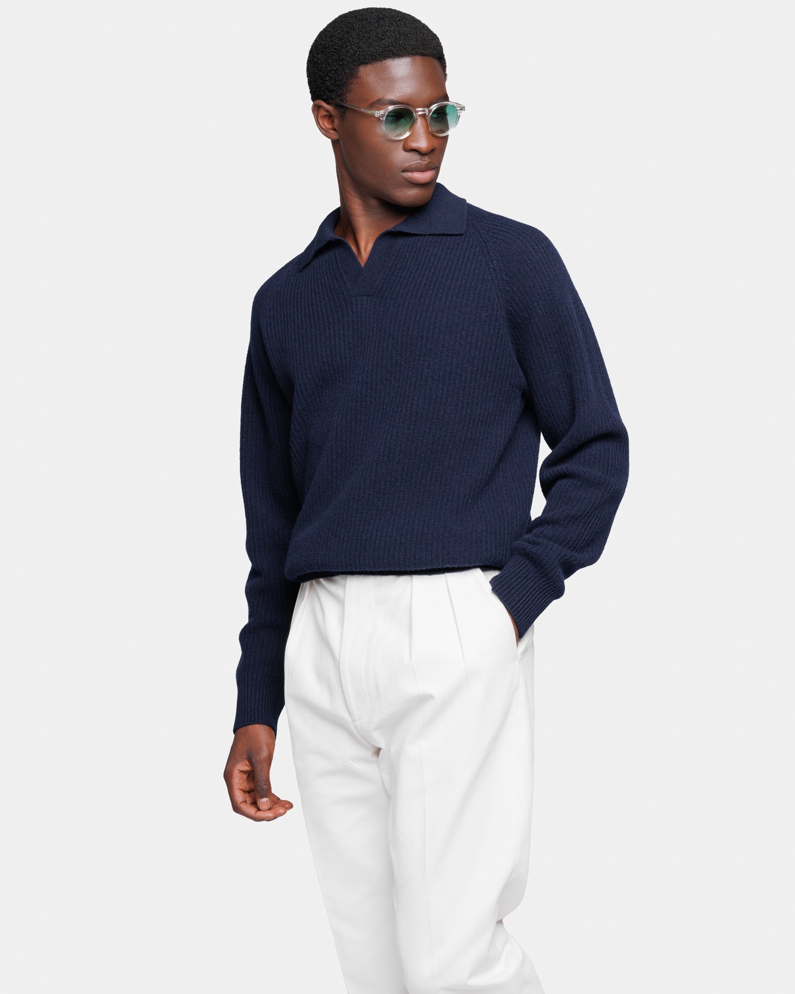 Blue Long Sleeve Buttonless Polo in Ultra-Soft Super 100's Wool | Filatori