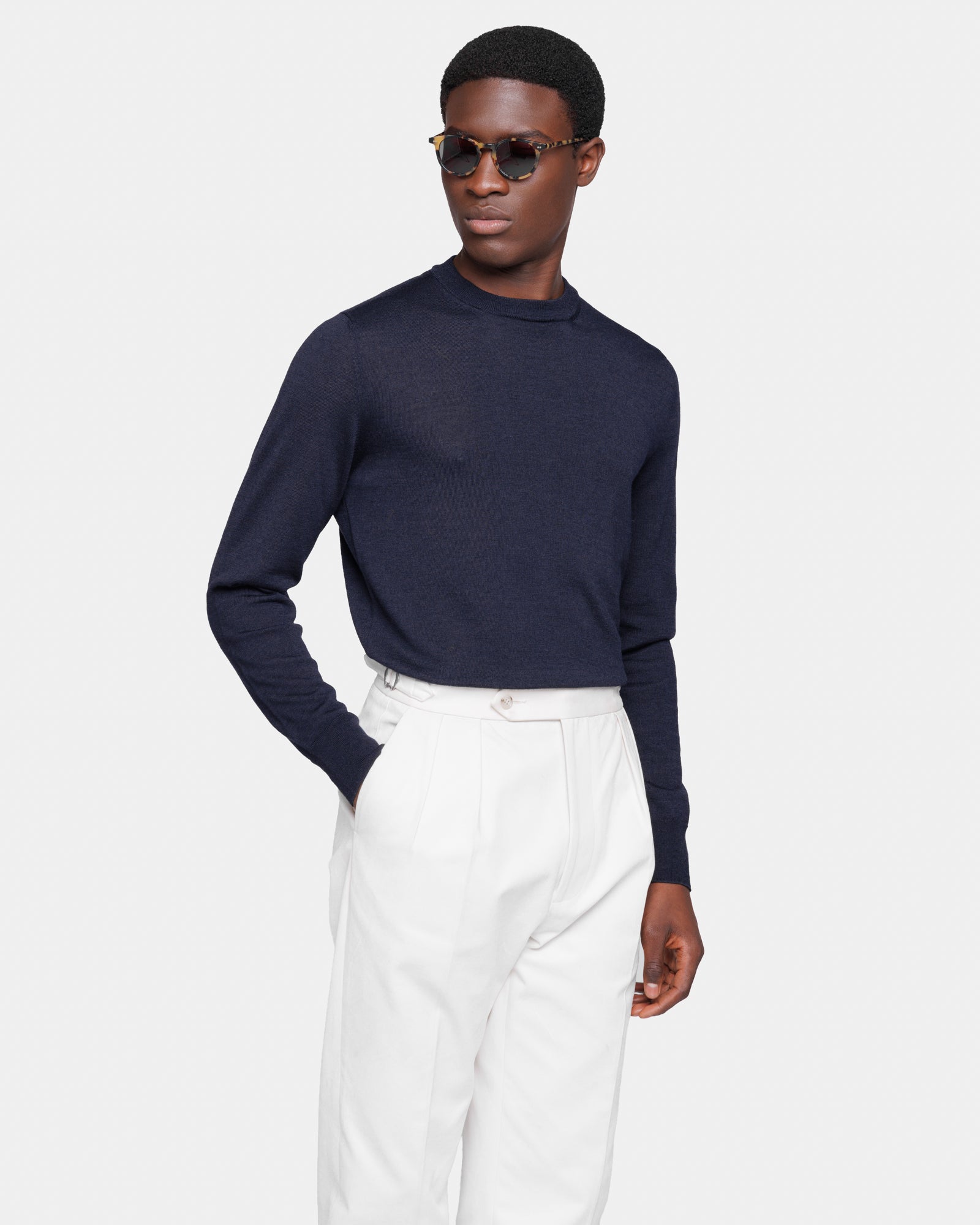 Maglia manica lunga Girocollo tinta unita Blu Navy Lana Seta | Filatori