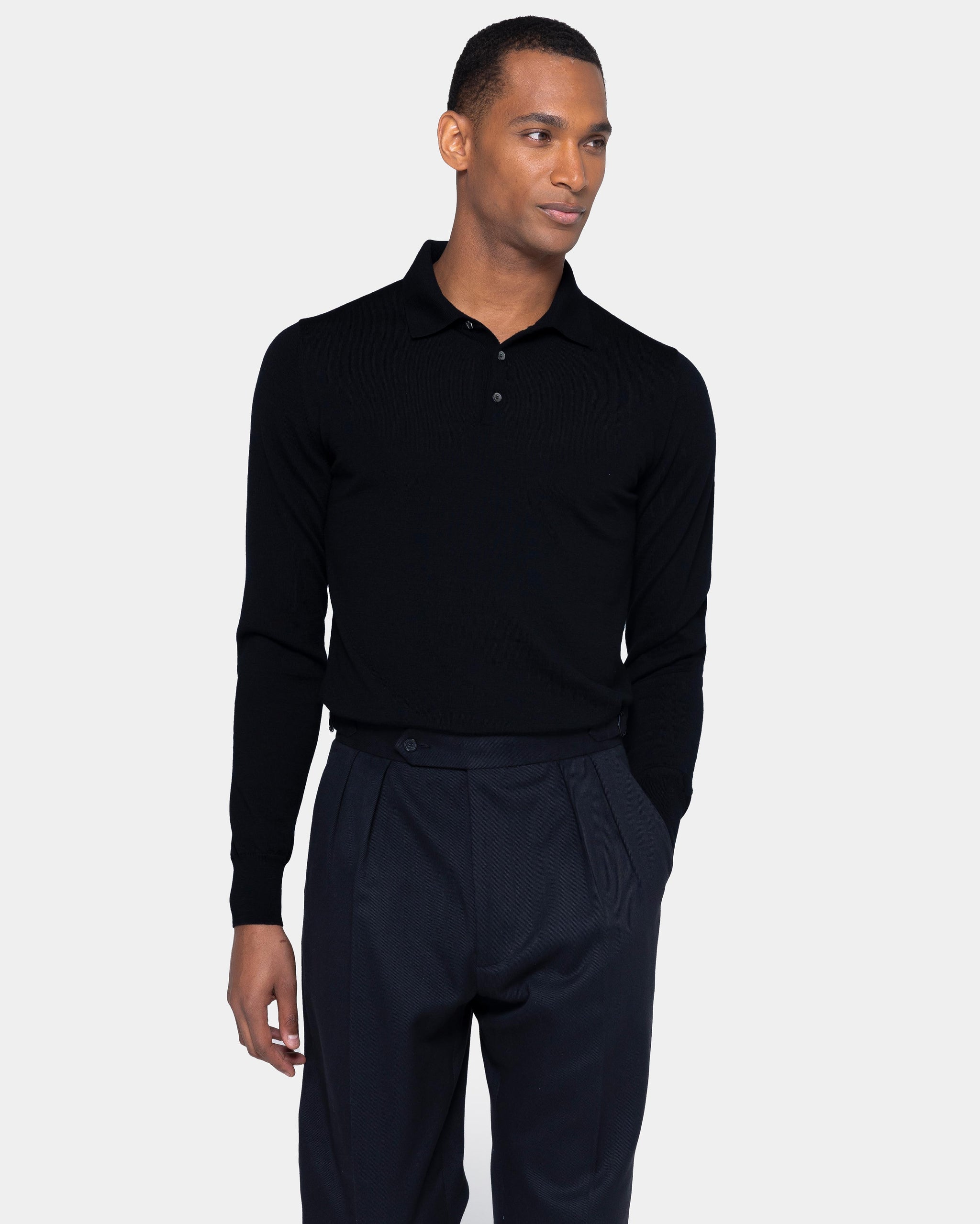 Maglia manica lunga Polo Nero Lana Merino Extra Fine Cashwool