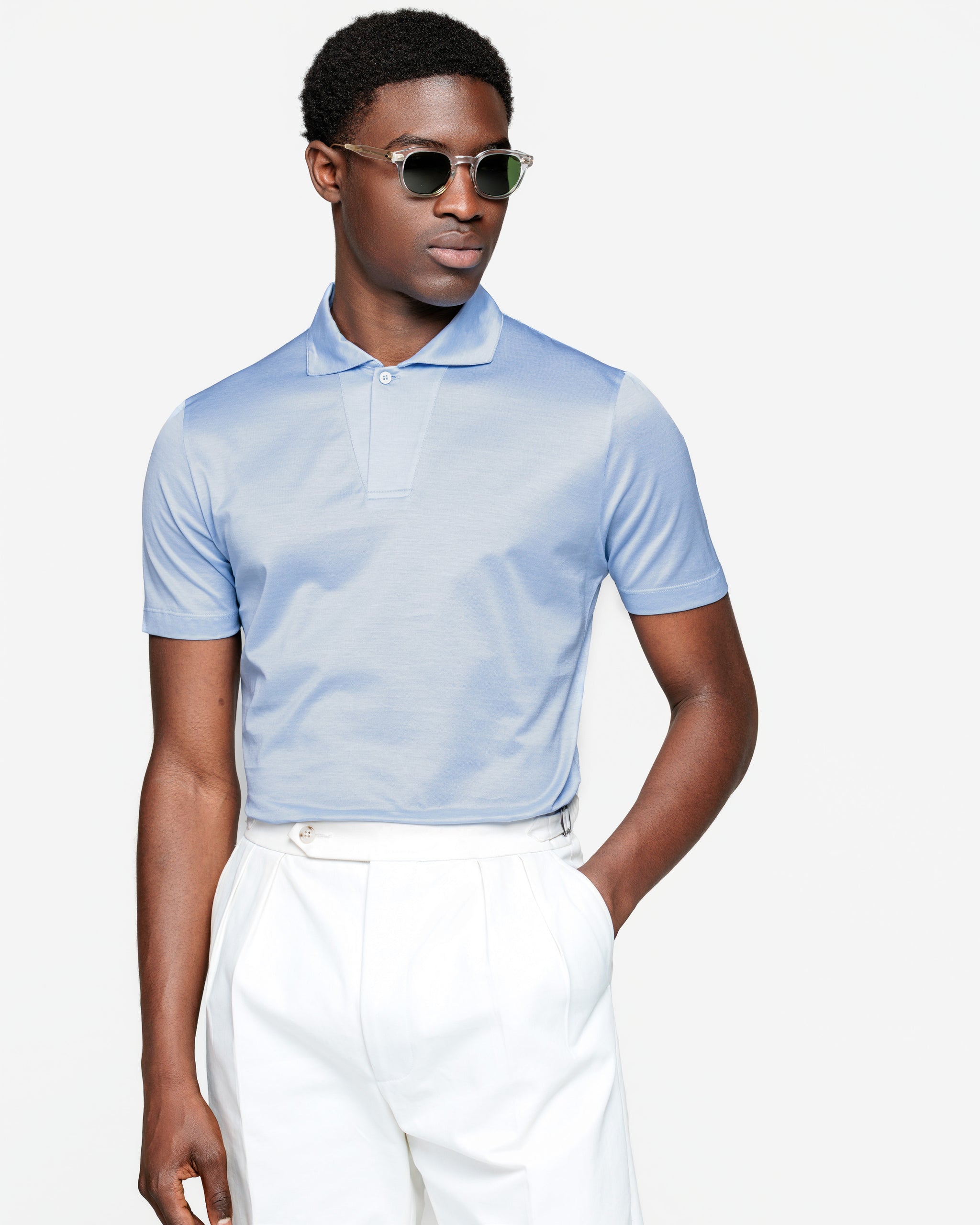 Polo un Bottone manica corta tinta unita Azzurra 100% Micro Piqué di Cotone 120/2 | Filatori