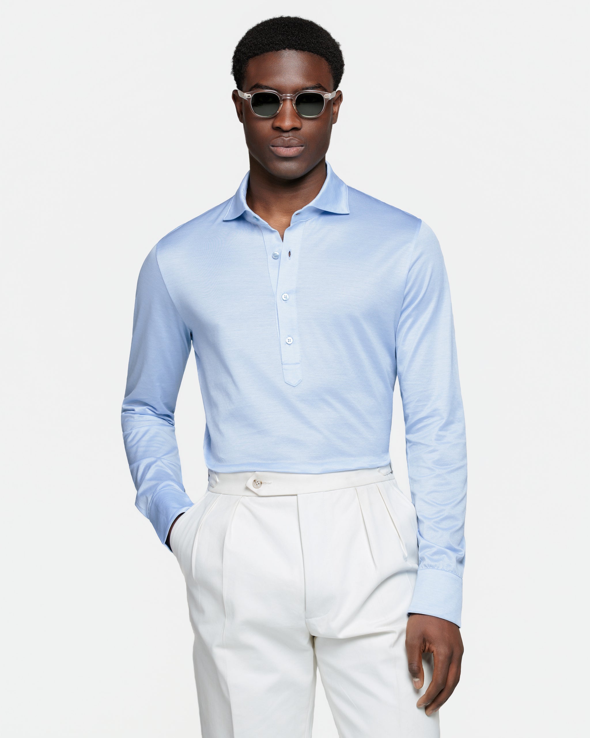 Polo Camicia manica lunga tinta unita Azzurra 100% Micro Piqué di Cotone 120/2 | Filatori