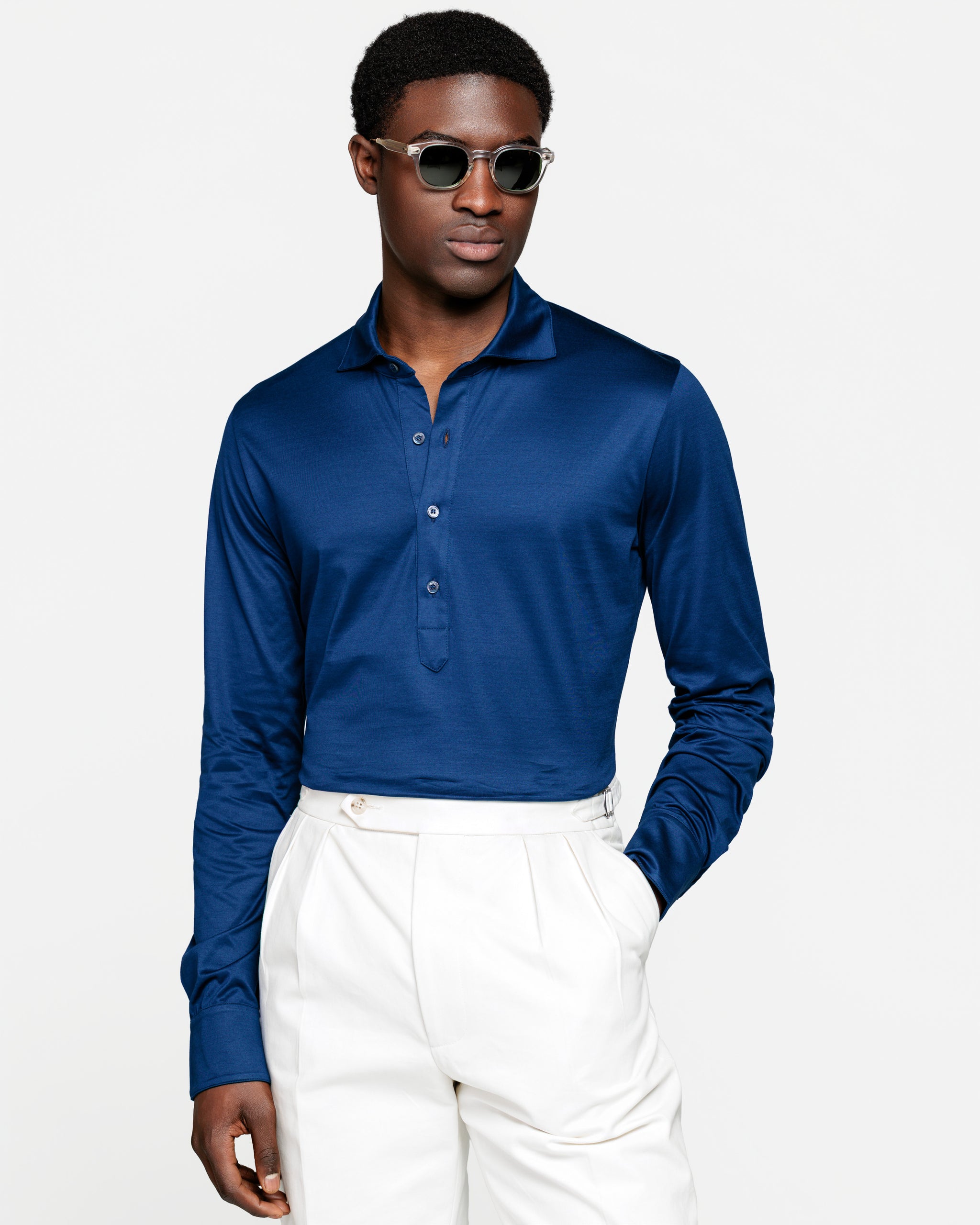 Polo Camicia manica lunga tinta unita Blu Marino 100% Cotone egiziano | Filatori