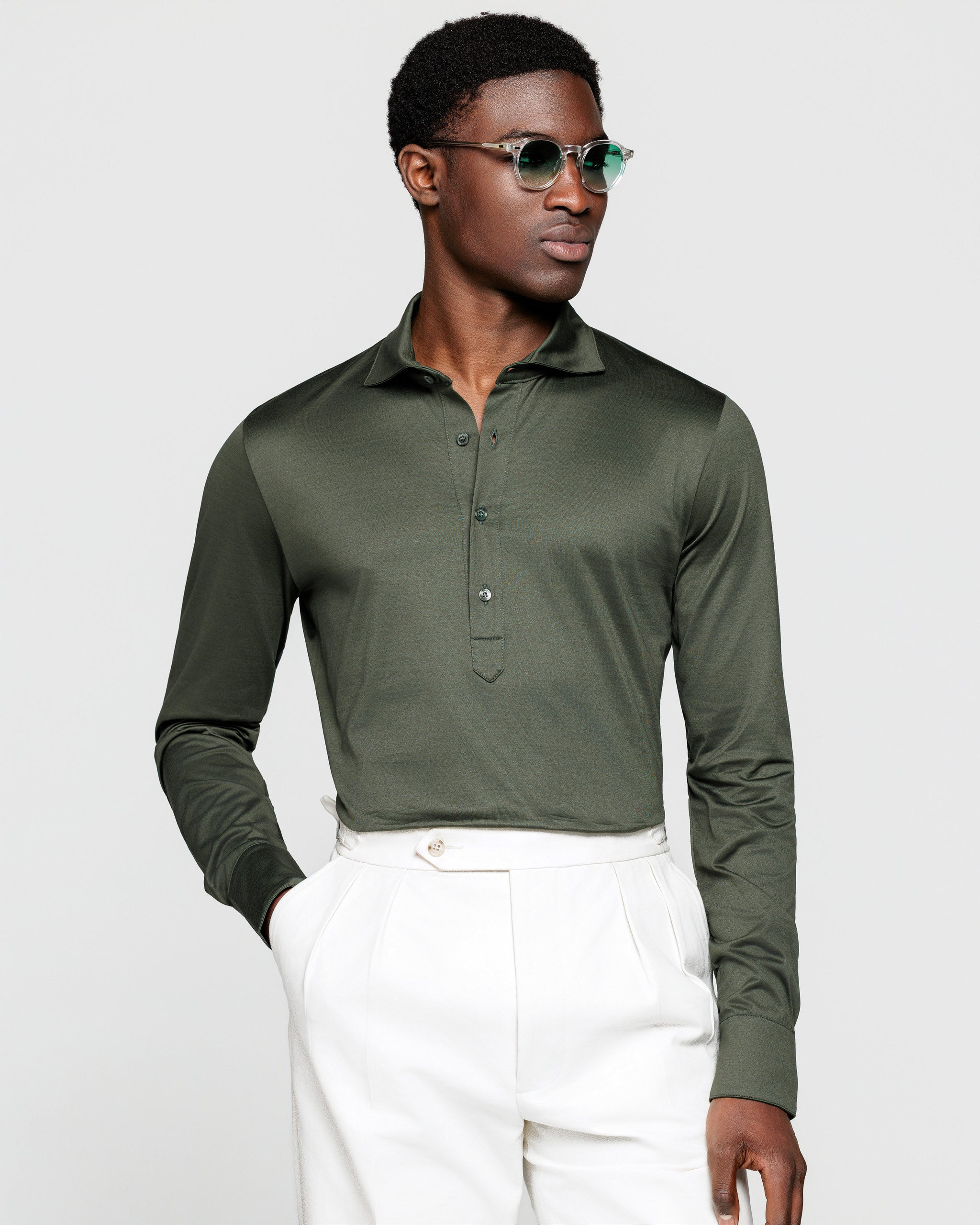 Military Green Long Sleeve Polo Shirt 100% Egyptian Cotton | Filatori