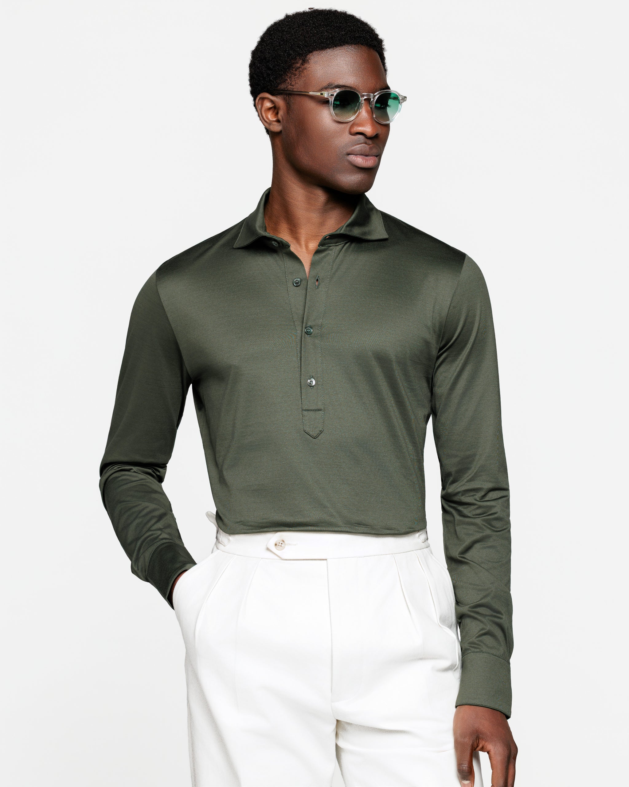 Polo Camicia manica lunga tinta unita Verde Militare 100% Cotone egiziano | Filatori