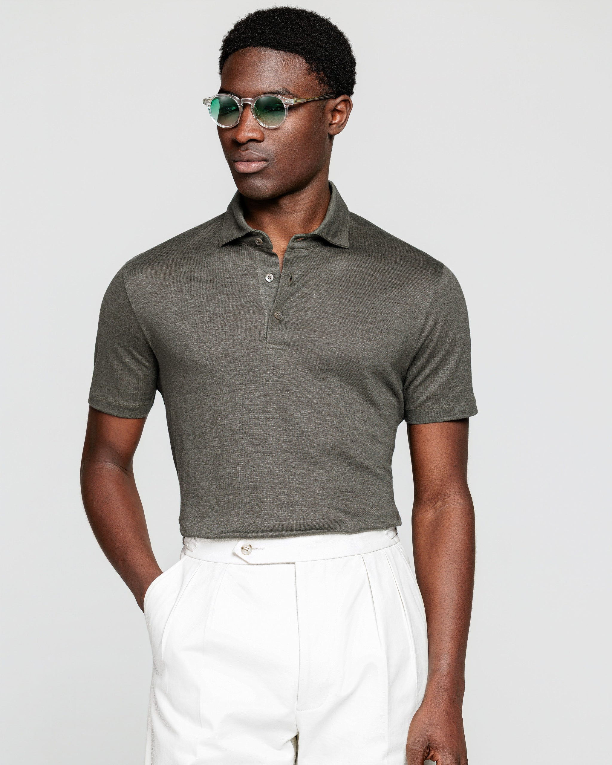 Military Green Short Sleeve Classic Three-Button Polo 100% Masters of Linen | Filatori