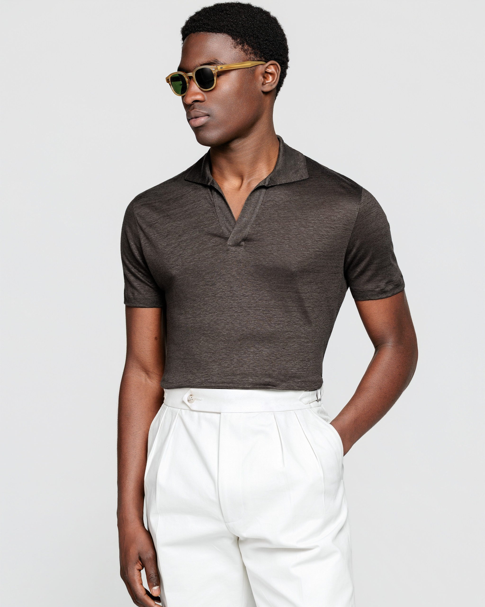 Brown Short Sleeve Buttonless Polo 100% Masters of Linen | Filatori