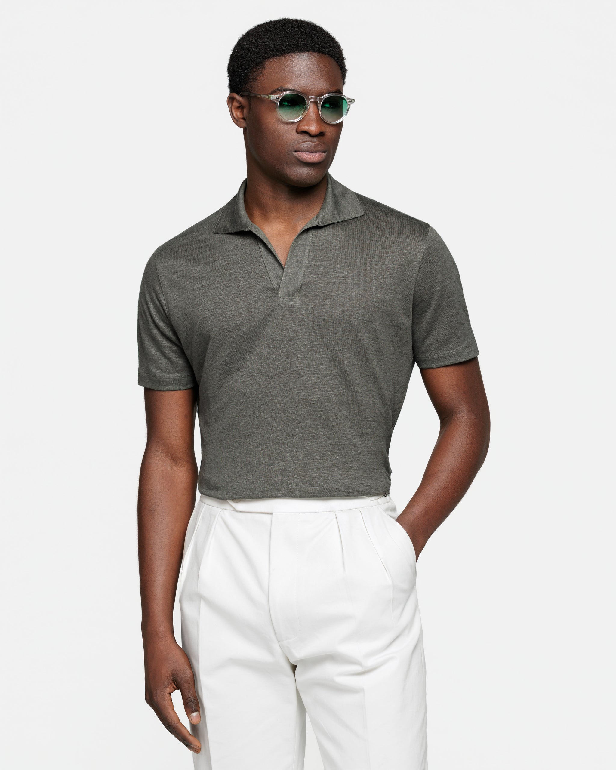 Military Green Short Sleeve Buttonless Polo 100% Masters of Linen | Filatori 