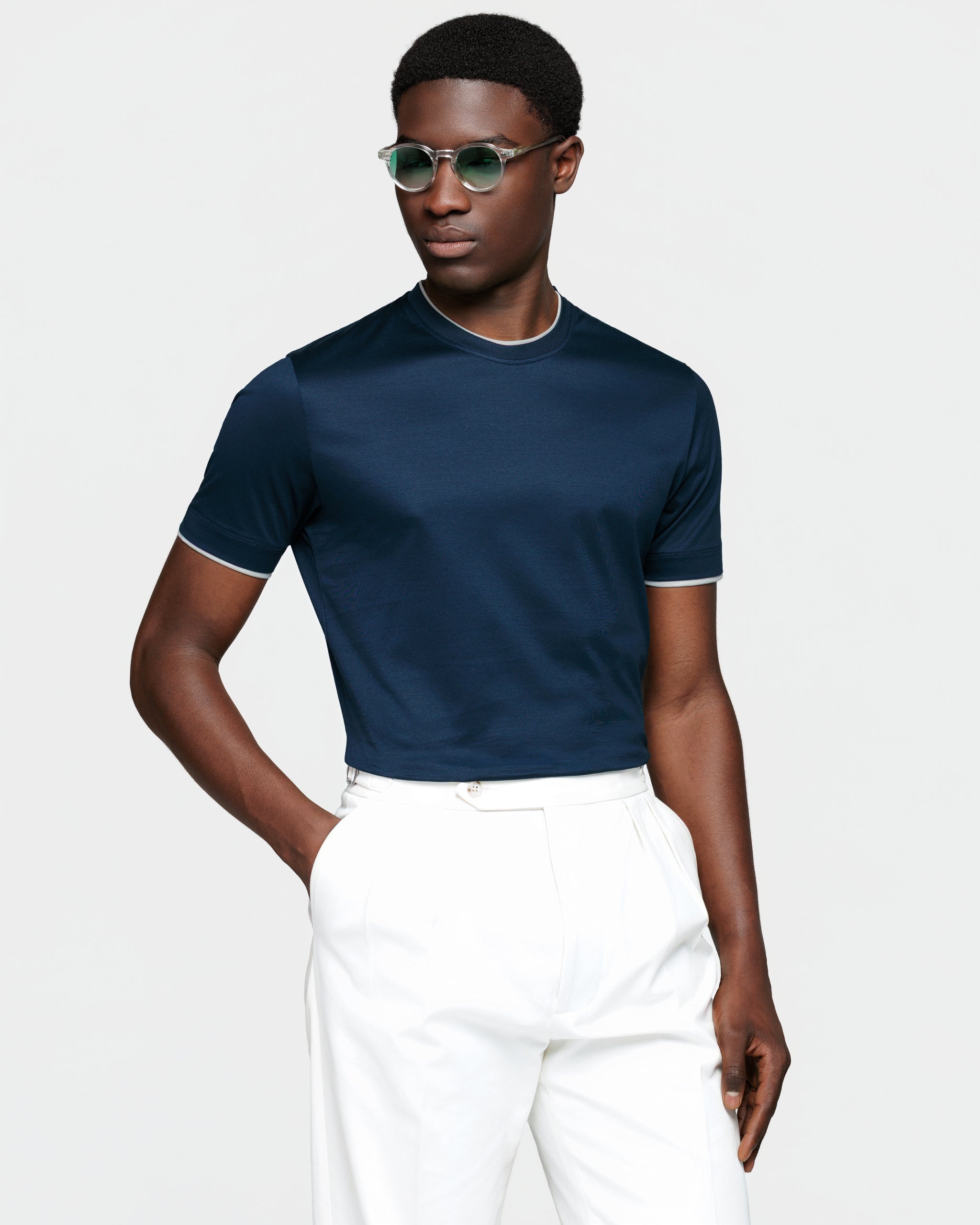 T shirt manica corta tinta unita Blu con Faux Layering Grigio Perla 100% Cotone egiziano | Filatori