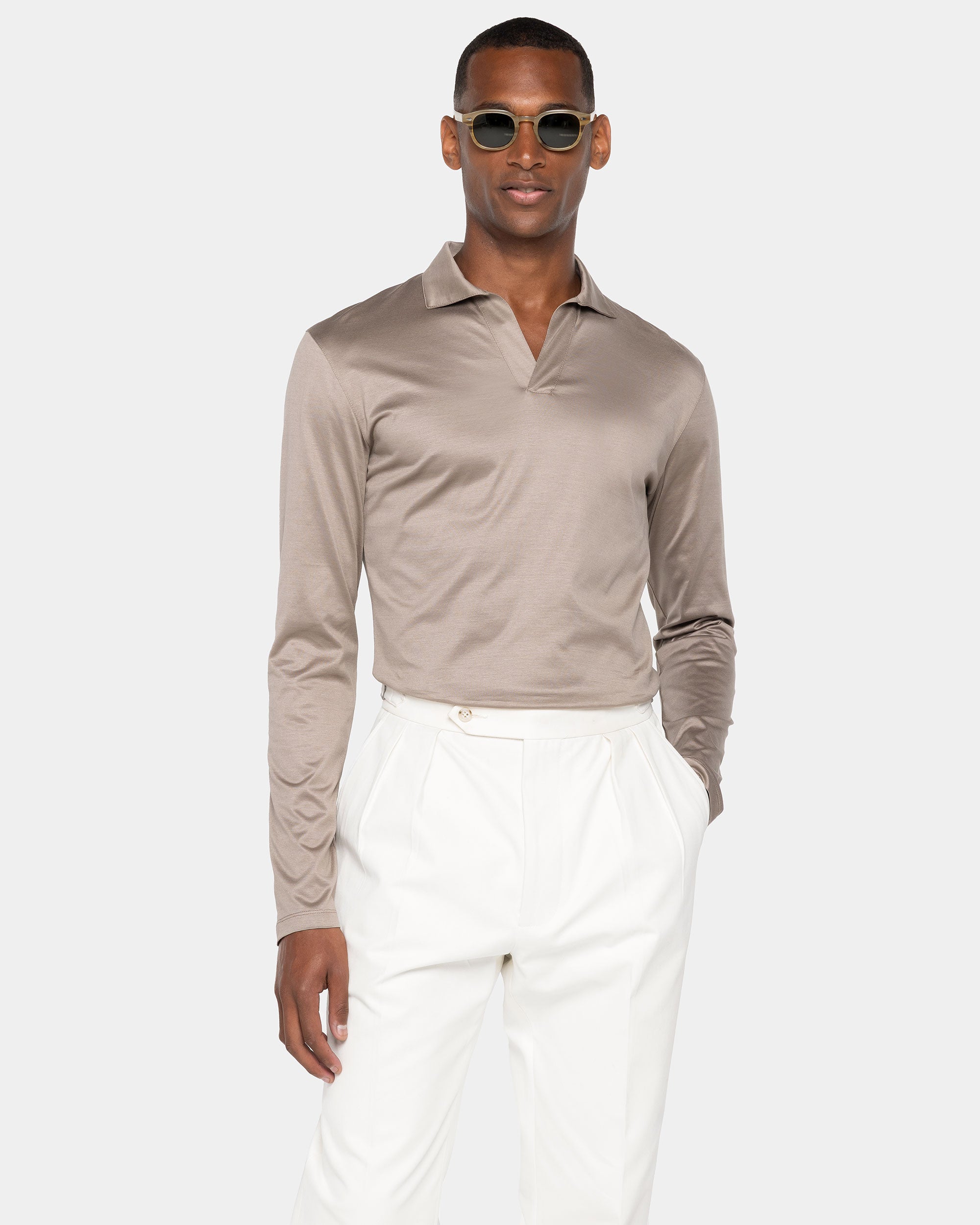 Taupe Long Sleeve Buttonless Polo 100% Egyptian Cotton | Filatori