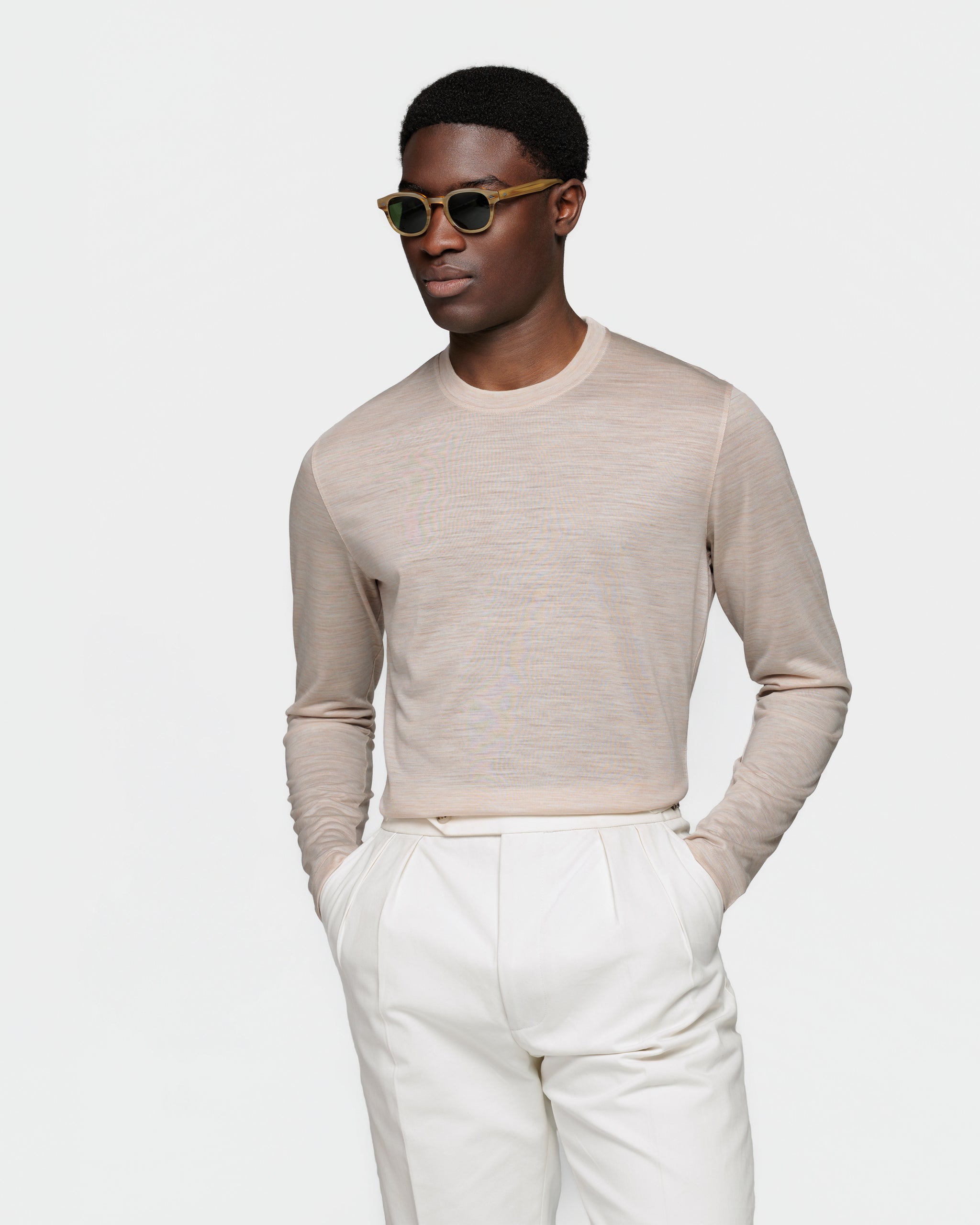 Sand Melange Tech Long Sleeve T-Shirt in Extrafine Merino Wool| Filatori 